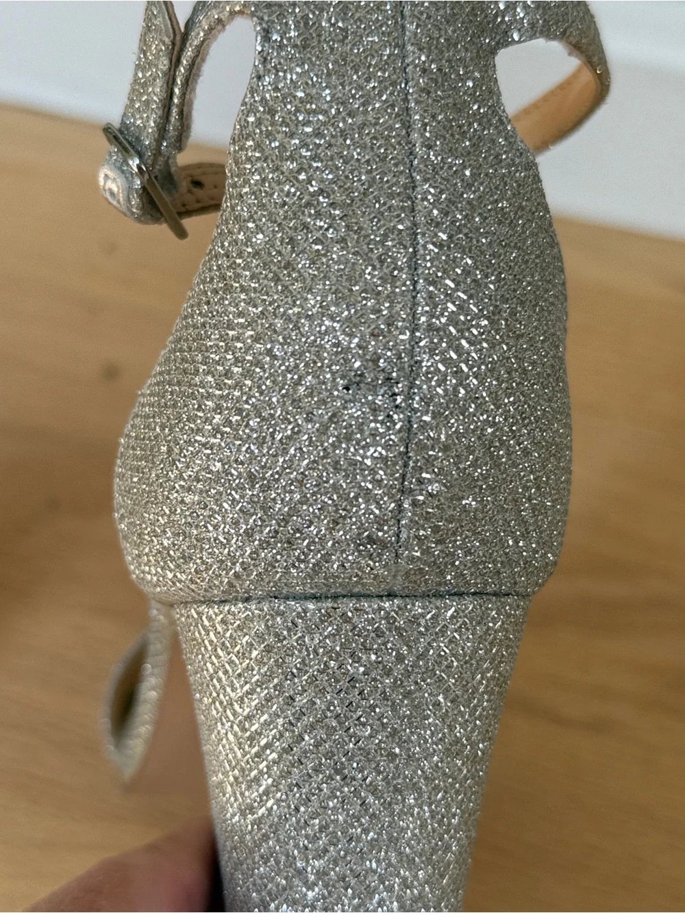 MICHAEL by Michael Shannon Sascha Silver Glitter Block Heels Ankle Strap Size 8